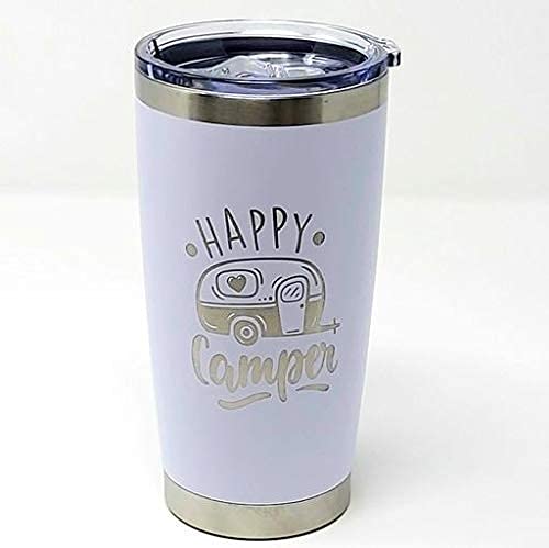 Happy Camper 20oz Coffee Tumbler (White), Coffee Mug for Mom, 20 oz Stainless Steel Insulated Travel Mug with Lid