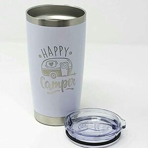 Happy Camper 20oz Coffee Tumbler (White), Coffee Mug for Mom, 20 oz Stainless Steel Insulated Travel Mug with Lid