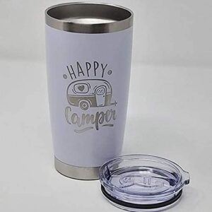 Happy Camper 20oz Coffee Tumbler (White), Coffee Mug for Mom, 20 oz Stainless Steel Insulated Travel Mug with Lid