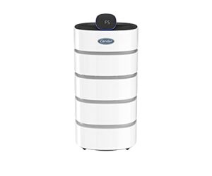 carrier® air purifier for home allergies and rooms up to 400 sq ft, filters pet dander, dust, pollen, smoke, reduces odor, 360 degree filtration with included air filter, air quality sensor, white