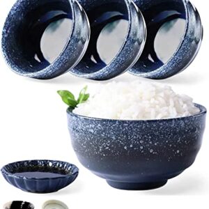 8 Pieces Japanese Fuji Blue Style. 4 Ceramic Miso & Rice Bowls Set Plus 4 Small Soy Sauce bowl Plates Included. 8 oz. Japan, Korean & Chinese. Portion Control Ramen Soup Capable. (Dark Blue, 4.1in x4)