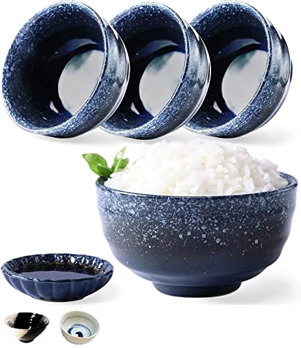 8 Pieces Japanese Fuji Blue Style. 4 Ceramic Miso & Rice Bowls Set Plus 4 Small Soy Sauce bowl Plates Included. 8 oz. Japan, Korean & Chinese. Portion Control Ramen Soup Capable. (Dark Blue, 4.1in x4)