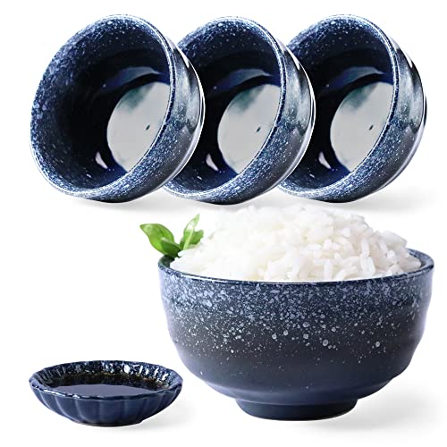 8 Pieces Japanese Fuji Blue Style. 4 Ceramic Miso & Rice Bowls Set Plus 4 Small Soy Sauce bowl Plates Included. 8 oz. Japan, Korean & Chinese. Portion Control Ramen Soup Capable. (Dark Blue, 4.1in x4)