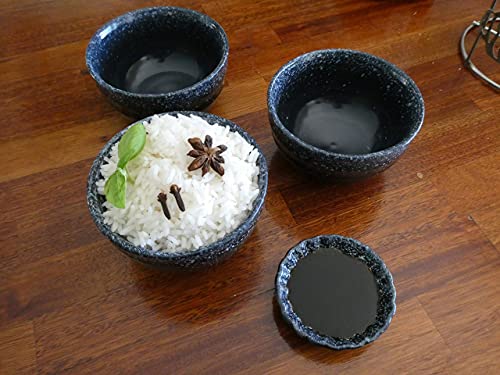 8 Pieces Japanese Fuji Blue Style. 4 Ceramic Miso & Rice Bowls Set Plus 4 Small Soy Sauce bowl Plates Included. 8 oz. Japan, Korean & Chinese. Portion Control Ramen Soup Capable. (Dark Blue, 4.1in x4)