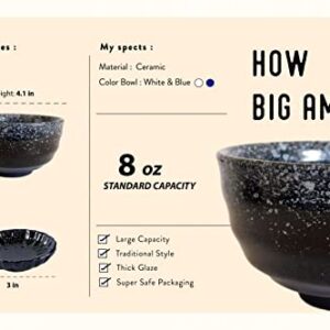 8 Pieces Japanese Fuji Blue Style. 4 Ceramic Miso & Rice Bowls Set Plus 4 Small Soy Sauce bowl Plates Included. 8 oz. Japan, Korean & Chinese. Portion Control Ramen Soup Capable. (Dark Blue, 4.1in x4)