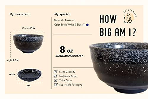 8 Pieces Japanese Fuji Blue Style. 4 Ceramic Miso & Rice Bowls Set Plus 4 Small Soy Sauce bowl Plates Included. 8 oz. Japan, Korean & Chinese. Portion Control Ramen Soup Capable. (Dark Blue, 4.1in x4)