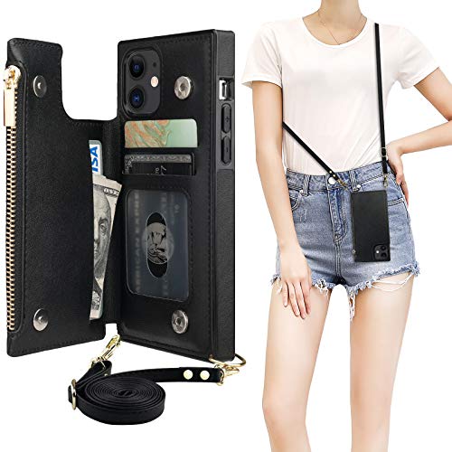 Bocasal Crossbody Wallet Case for iPhone 11 with Card Holder,Zipper Card Slot Protector Shockproof Purse Cover with Removable Cross Body Strap 6.1 Inch(Black)