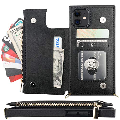 Bocasal Crossbody Wallet Case for iPhone 11 with Card Holder,Zipper Card Slot Protector Shockproof Purse Cover with Removable Cross Body Strap 6.1 Inch(Black)