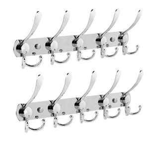 coat rack wall mounted, 2pcs coat hanger wall 5 tri hooks heavy duty stainless steel coat hook rail for coats towels purse robes keys and hats(silver)