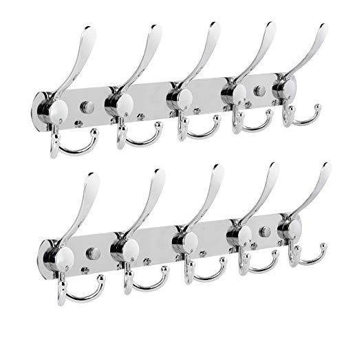 Coat Rack Wall Mounted, 2PCS Coat Hanger Wall 5 Tri Hooks Heavy Duty Stainless Steel Coat Hook Rail for Coats Towels Purse Robes Keys and Hats(Silver)