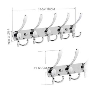 Coat Rack Wall Mounted, 2PCS Coat Hanger Wall 5 Tri Hooks Heavy Duty Stainless Steel Coat Hook Rail for Coats Towels Purse Robes Keys and Hats(Silver)