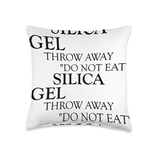silly snacky snacks do not eat silica gel desiccant silica gel do not eat away black throw pillow, 16x16, multicolor