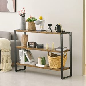 Bookshelf,3-Tier Open Bookcase,Rustic Wood and Metal Industrial Display Book Shelves Home Office,Bedroom Standing Shelf Unit,Horizontal Kitchen Shelf Organizer,Bathroom Storage Rack Mid Century 47in