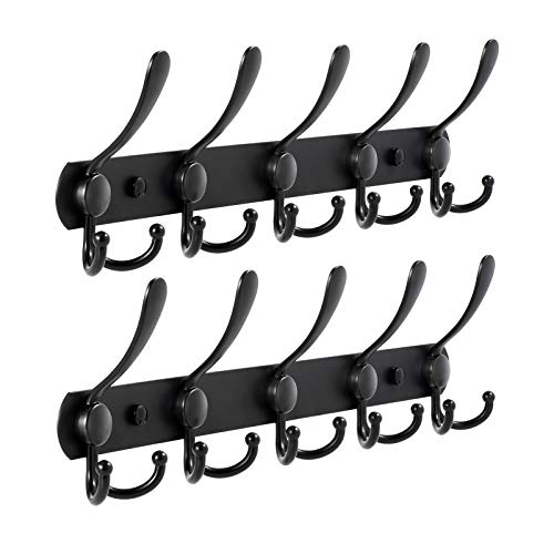 Coat Rack Wall Mounted, 2PCS Coat Hanger Wall 5 Tri Hooks Heavy Duty Stainless Steel Coat Hook Rail for Coats Towels Purse Robes Keys and Hats(Black)