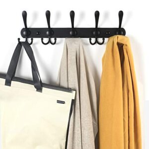 Coat Rack Wall Mounted, 2PCS Coat Hanger Wall 5 Tri Hooks Heavy Duty Stainless Steel Coat Hook Rail for Coats Towels Purse Robes Keys and Hats(Black)