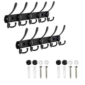 Coat Rack Wall Mounted, 2PCS Coat Hanger Wall 5 Tri Hooks Heavy Duty Stainless Steel Coat Hook Rail for Coats Towels Purse Robes Keys and Hats(Black)