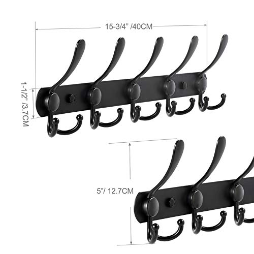 Coat Rack Wall Mounted, 2PCS Coat Hanger Wall 5 Tri Hooks Heavy Duty Stainless Steel Coat Hook Rail for Coats Towels Purse Robes Keys and Hats(Black)