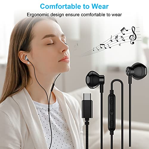 USB C Headphones, ACAGET Galaxy S21 Ultra Earbuds Wired Earphone for Android Semi in Ear USB Type C Headphone HiFi Stereo USB C Earphones for Samsung Galaxy S22 S23 Plus S20 FE A53 Tab S7 S6 S5e Black