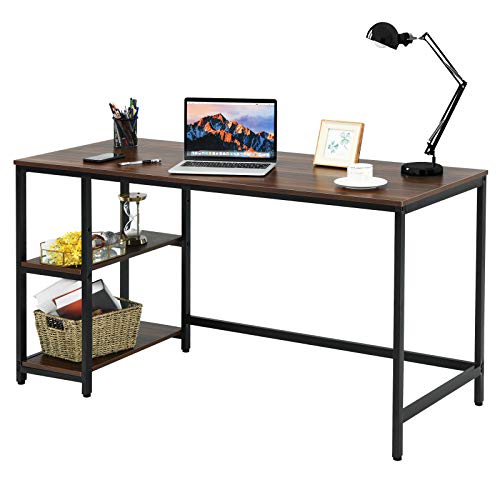 Tangkula Home Office Computer Desk with 2 Storage Shelves, Industrial Study Writing Desk Workstation Laptop Table with Sturdy Metal Frame (Coffee)