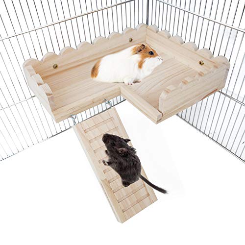 ROZKITCH Hamster Platform with Climbing Ladder, Bird Perch Cage Toy Wooden Play Gym Stand, Natural Pine Wood Tray for Chinchilla Squirrel Rabbit Guinea Pig, Birdcage Toy for Parrot Conure Parakeet