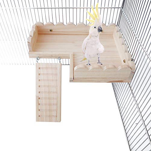 ROZKITCH Hamster Platform with Climbing Ladder, Bird Perch Cage Toy Wooden Play Gym Stand, Natural Pine Wood Tray for Chinchilla Squirrel Rabbit Guinea Pig, Birdcage Toy for Parrot Conure Parakeet