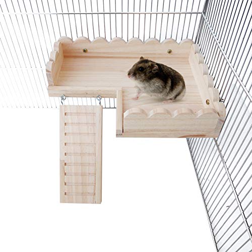 ROZKITCH Hamster Platform with Climbing Ladder, Bird Perch Cage Toy Wooden Play Gym Stand, Natural Pine Wood Tray for Chinchilla Squirrel Rabbit Guinea Pig, Birdcage Toy for Parrot Conure Parakeet