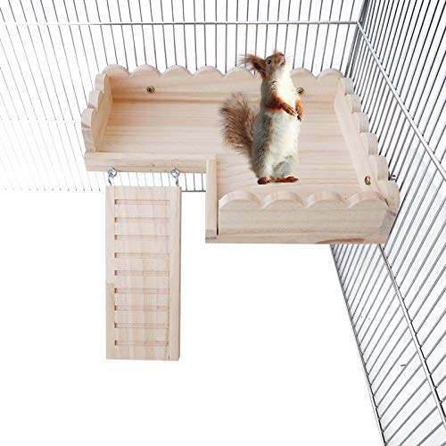 ROZKITCH Hamster Platform with Climbing Ladder, Bird Perch Cage Toy Wooden Play Gym Stand, Natural Pine Wood Tray for Chinchilla Squirrel Rabbit Guinea Pig, Birdcage Toy for Parrot Conure Parakeet