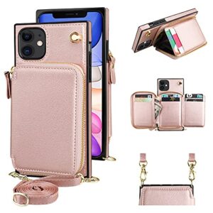 kihuwey iphone 11 crossbody wallet case pu leather wallet case with credit card holder wrist strap kickstand protective lanyard purse cover case for iphone 11 6.1 inch (rose gold)