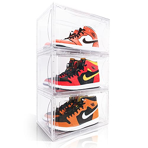 Kerykwan 3 Pack Transparent Shoe Storage Box for Display Stackable Extra Large Sneaker Organizer Case with Side Open Acrylic Container Rack for High Heels (Transparent, 3 Pack)