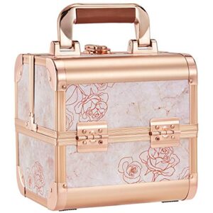 costravio makeup box cosmetic train case with mirror travel organizer cosmetic jewelry storage box with 2-tier tackle trays portable lockable makeup organizer box - marble rose gold style