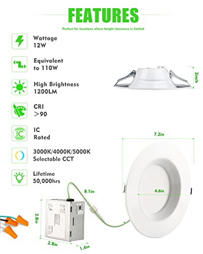 12 Pack LED Recessed Lighting 6 Inch, 3000K/4000K/5000K Selectable Canless 6 inch led recessed light, Dimmable 6in Recessed Lighting LED,12W 1200LM (110W Eqv.) CRI90 Wafer Lights 6 inch -IC Rated