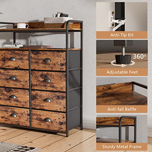 Furologee 8 Storage Drawers Dresser for Bedroom with Double Shelf Tall, Large Storage Organizer Unit for Closet,Living Room,Entryway, Wooden Top,Sturdy Metal Frame (Rustic Brown, 8 drawers)