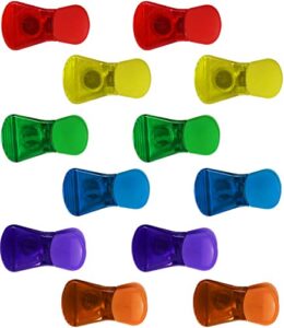 set of 12 bag clips in fun assorted colors - features magnetic back - measures 2.87" x 1.5" x 1" - great for holding chip bags, hanging pictures on the fridge, and even as cloths pins! (12)