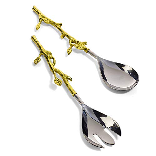 Twig Salad Servers Brass & Stainless Steel, Fork & Spoon Set Leaf Design, Two Tone Ideal for Weddings, Dinner Parties, Elegant Flatware, Housewarming Gifts, Stainless Steel Mirror Polished (Gold Leaf)