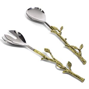 Twig Salad Servers Brass & Stainless Steel, Fork & Spoon Set Leaf Design, Two Tone Ideal for Weddings, Dinner Parties, Elegant Flatware, Housewarming Gifts, Stainless Steel Mirror Polished (Gold Leaf)