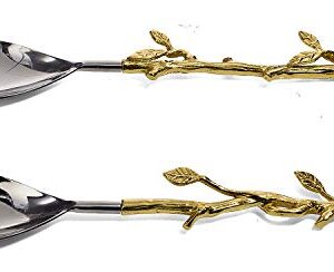 Twig Salad Servers Brass & Stainless Steel, Fork & Spoon Set Leaf Design, Two Tone Ideal for Weddings, Dinner Parties, Elegant Flatware, Housewarming Gifts, Stainless Steel Mirror Polished (Gold Leaf)