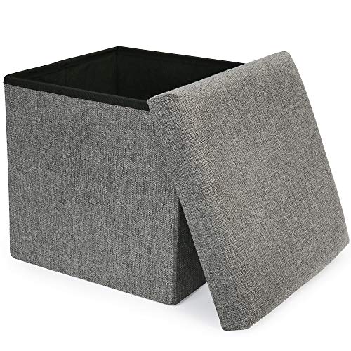 LotFancy Storage Ottoman Cube, Folding Ottoman Seat, Square Ottoman with Lid for Foot Stools and Footrest, Fabric Box Bin for Kids and Adults, 13x12x12'', Grey