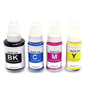 compatible refill dye ink for gi-290 gi290 color ink kit compatible for canon pixma g4200 g4210 g3200 g1200 g2200 printer, (black cyan magenta yellow, 4-pack) black 135ml c/m/y 70ml
