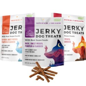wild nature all natural jerky dog treats | duck, chicken, and beef jerky dog treats made in the usa | high protein, grain free superfood for dogs | perfect training treats for all sized dogs