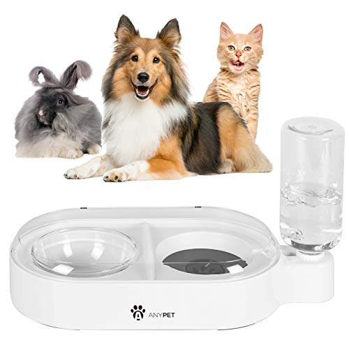 ANYPET 2-in-1 Gravity Water Bowl and Food Bowl, Anti-Spill Raised Sides, Anti-Slip Base, Pet Automatic Water Dispenser with Detachable Bowl and 500ml Water Bottle, White (APF07W)