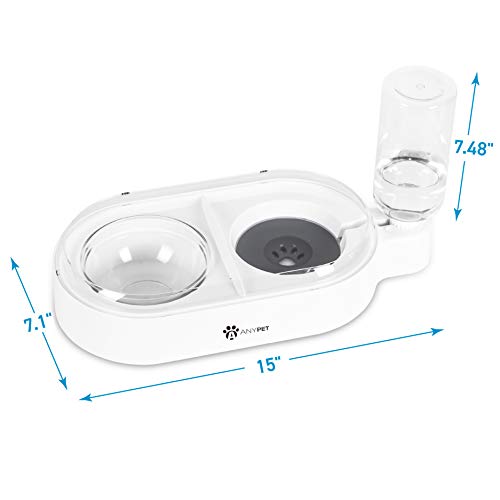 ANYPET 2-in-1 Gravity Water Bowl and Food Bowl, Anti-Spill Raised Sides, Anti-Slip Base, Pet Automatic Water Dispenser with Detachable Bowl and 500ml Water Bottle, White (APF07W)