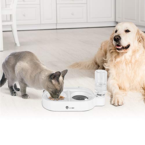 ANYPET 2-in-1 Gravity Water Bowl and Food Bowl, Anti-Spill Raised Sides, Anti-Slip Base, Pet Automatic Water Dispenser with Detachable Bowl and 500ml Water Bottle, White (APF07W)