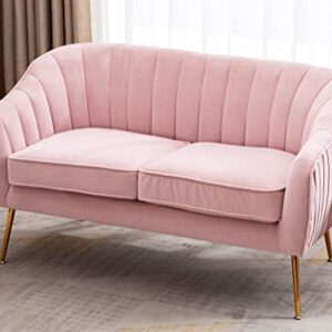 Artechworks Contemporary Tufted Velvet Tub Barrel Loveseat Sofa Chair Upholstered Couch with Golden Metal Legs Club Two-Seat Sofa for Living Reading Room Bedroom Apartment Small Space Dorm, Pink