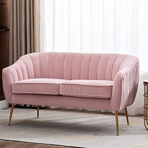 Artechworks Contemporary Tufted Velvet Tub Barrel Loveseat Sofa Chair Upholstered Couch with Golden Metal Legs Club Two-Seat Sofa for Living Reading Room Bedroom Apartment Small Space Dorm, Pink