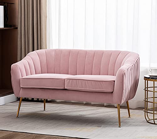 Artechworks Contemporary Tufted Velvet Tub Barrel Loveseat Sofa Chair Upholstered Couch with Golden Metal Legs Club Two-Seat Sofa for Living Reading Room Bedroom Apartment Small Space Dorm, Pink