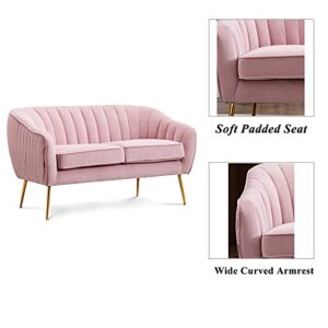 Artechworks Contemporary Tufted Velvet Tub Barrel Loveseat Sofa Chair Upholstered Couch with Golden Metal Legs Club Two-Seat Sofa for Living Reading Room Bedroom Apartment Small Space Dorm, Pink