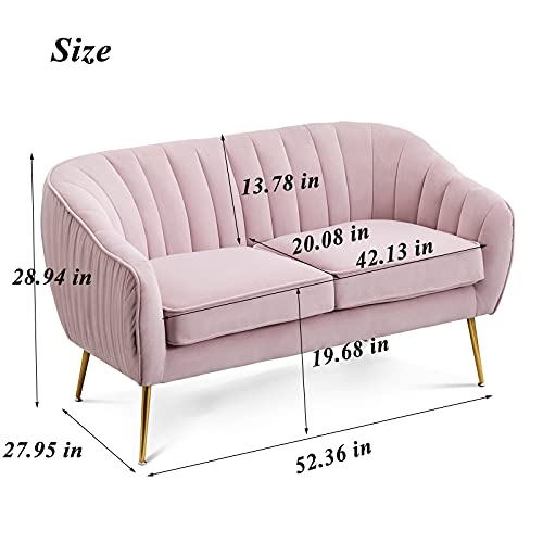 Artechworks Contemporary Tufted Velvet Tub Barrel Loveseat Sofa Chair Upholstered Couch with Golden Metal Legs Club Two-Seat Sofa for Living Reading Room Bedroom Apartment Small Space Dorm, Pink