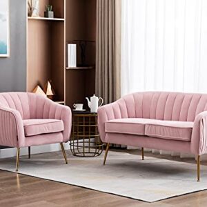 Artechworks Contemporary Tufted Velvet Tub Barrel Loveseat Sofa Chair Upholstered Couch with Golden Metal Legs Club Two-Seat Sofa for Living Reading Room Bedroom Apartment Small Space Dorm, Pink