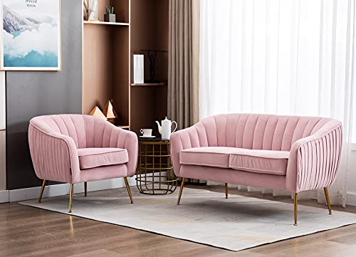 Artechworks Contemporary Tufted Velvet Tub Barrel Loveseat Sofa Chair Upholstered Couch with Golden Metal Legs Club Two-Seat Sofa for Living Reading Room Bedroom Apartment Small Space Dorm, Pink