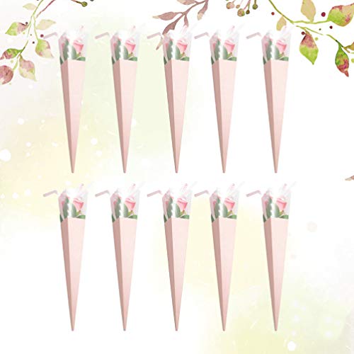 PRETYZOOM 10pcs Single Roses Flower Gift Box Cone Flower Bouquet Wrapping Paper Rose Packaging Bag DIY Flower Holder for Valentines Day Wedding Birthday Gift Without Flower (Pink)